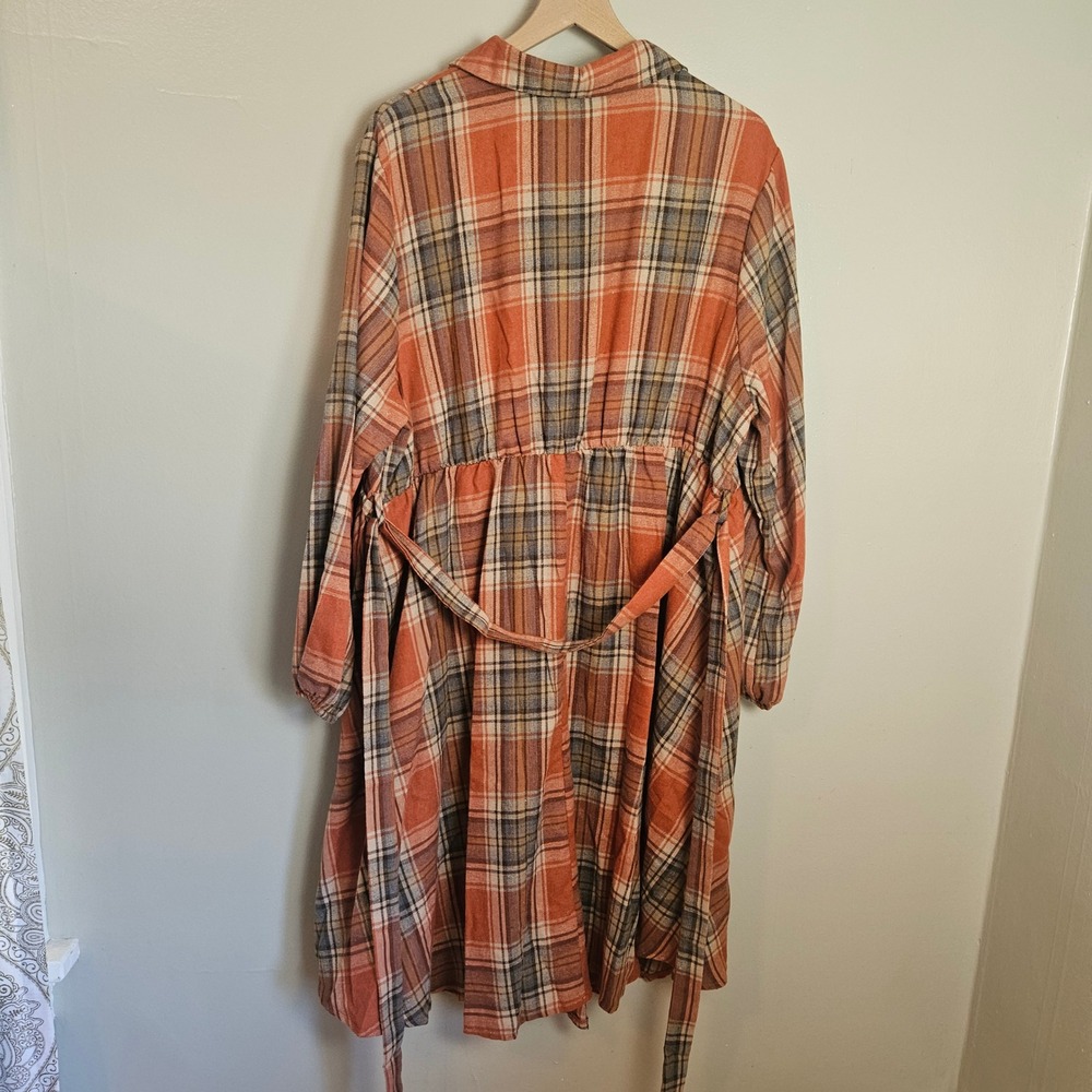 Plaid Flannel Button Front Midi Shirt Dress Sz 4XL Plus Orange Brown Belted - Picture 5 of 8